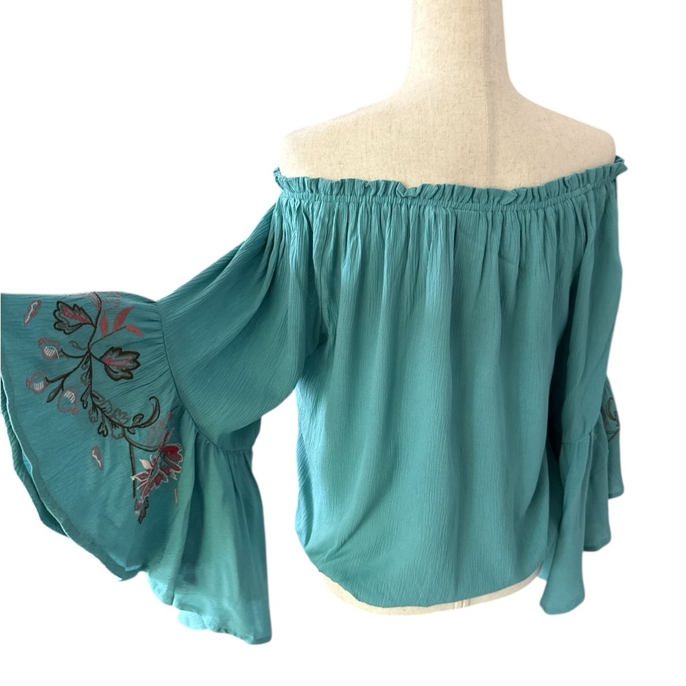 Soho New York Co Teal Off-Shoulder Blouse with Embroidered flounce Sleeves